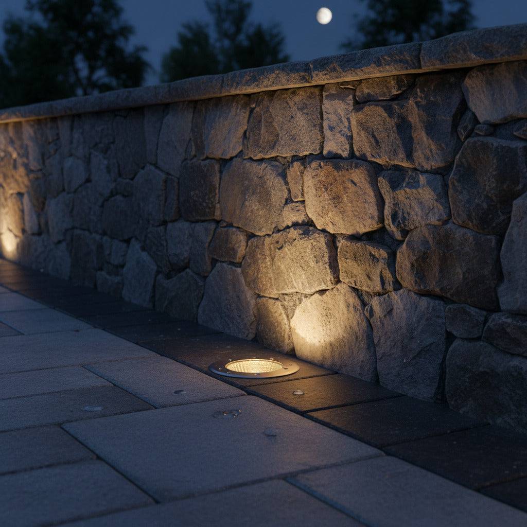 stainless steel recessed floor light mounted alongisde a stone wall in the ground 
