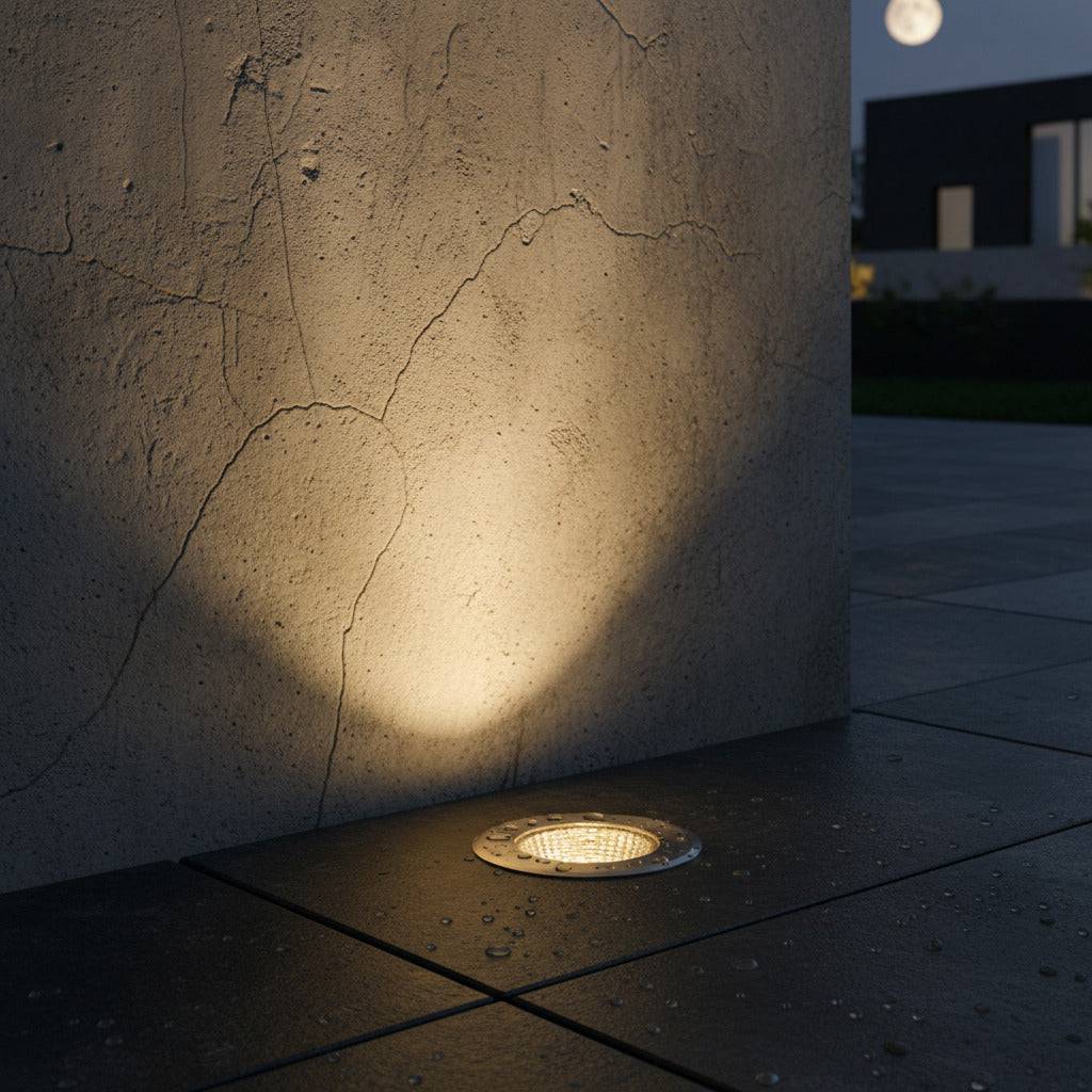 stainless steel recessed floor light mounted in the ground shining up and outdoor wall 