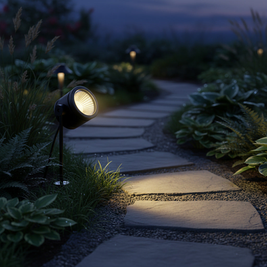 black mains powered garden spike light installed alongside a pathway at night