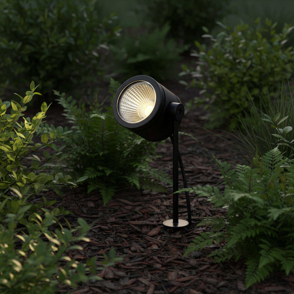 black mains powered garden spike light installed in a garden border 