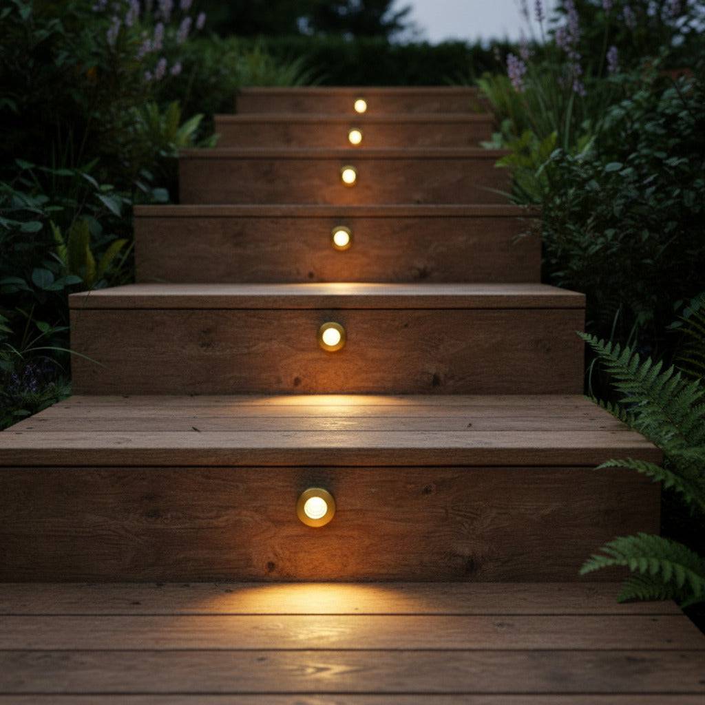 brass in ground decking light installed into wooden steps outdoors 