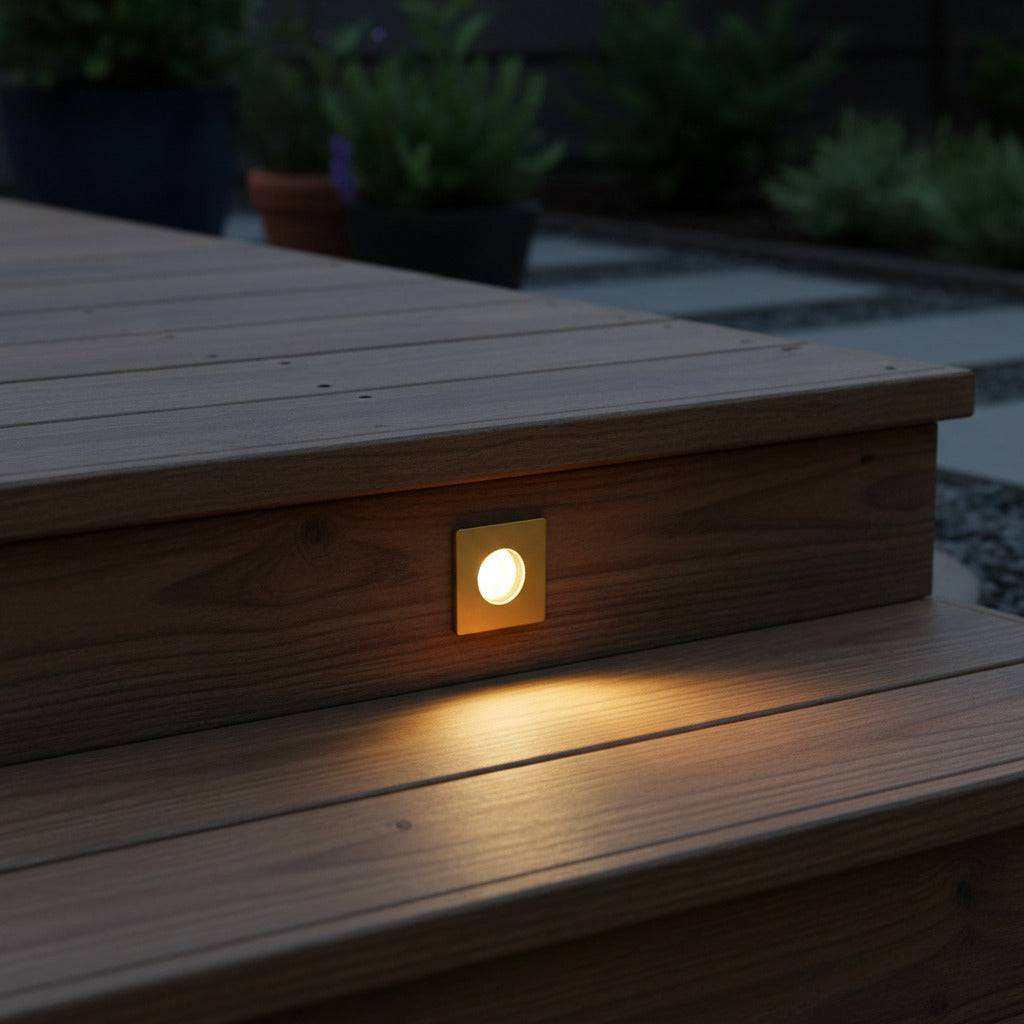 brass decking ground light recessed into wooden steps outdoors 
