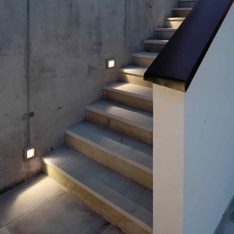black low level recessed wall light mounted in the wall alongside a concrete outdoor staircase