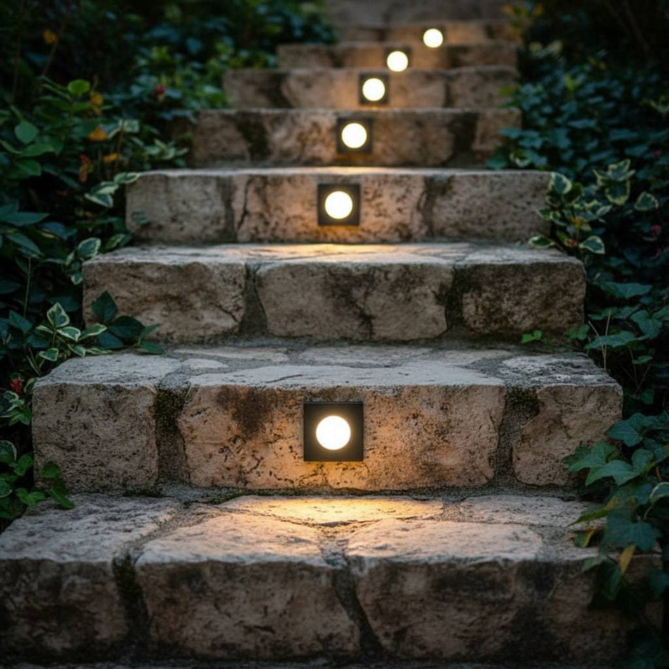 black outdoor step light mounted in some stone steps