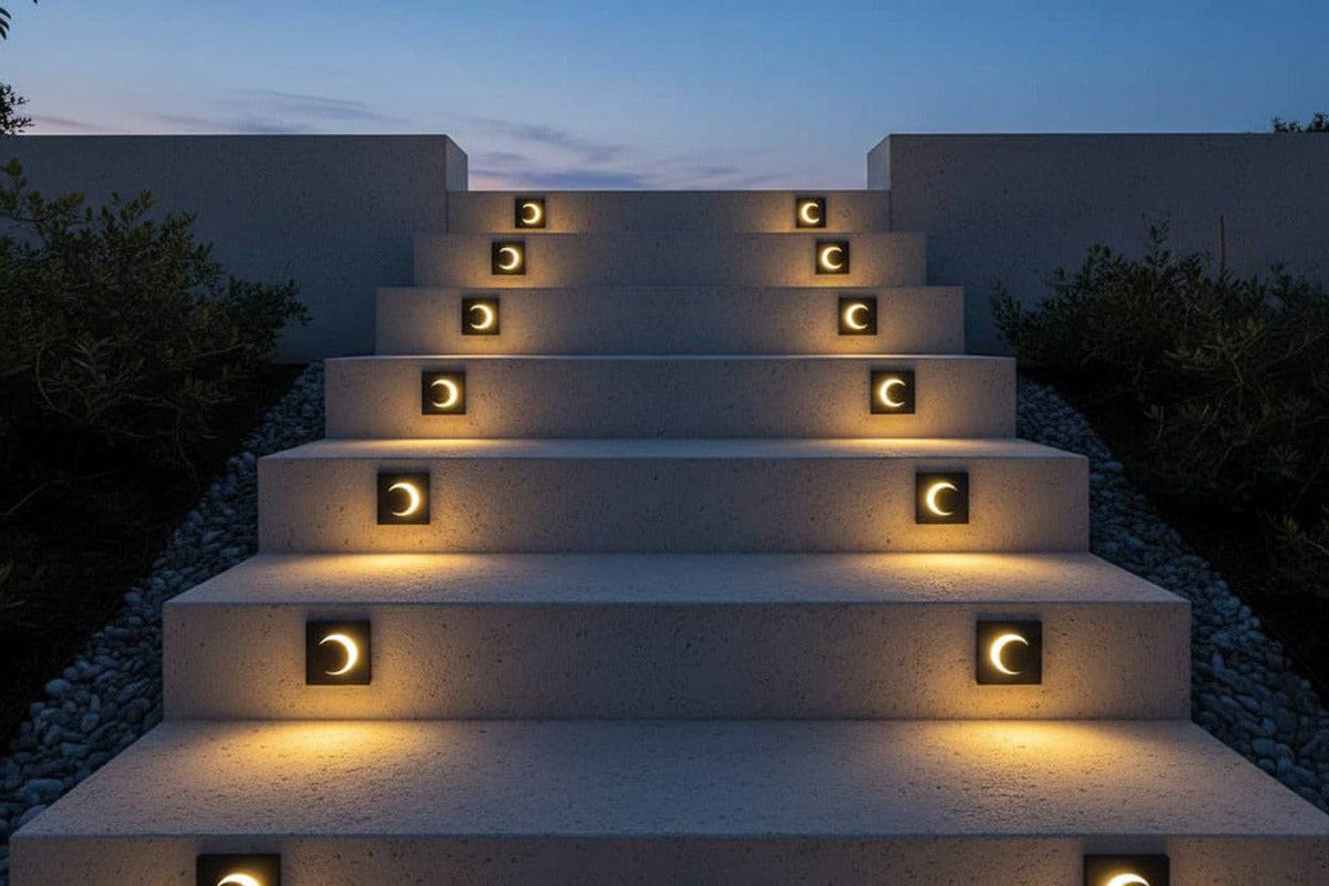 black flush mounted sconce light mounted on outdoor stair risers. 