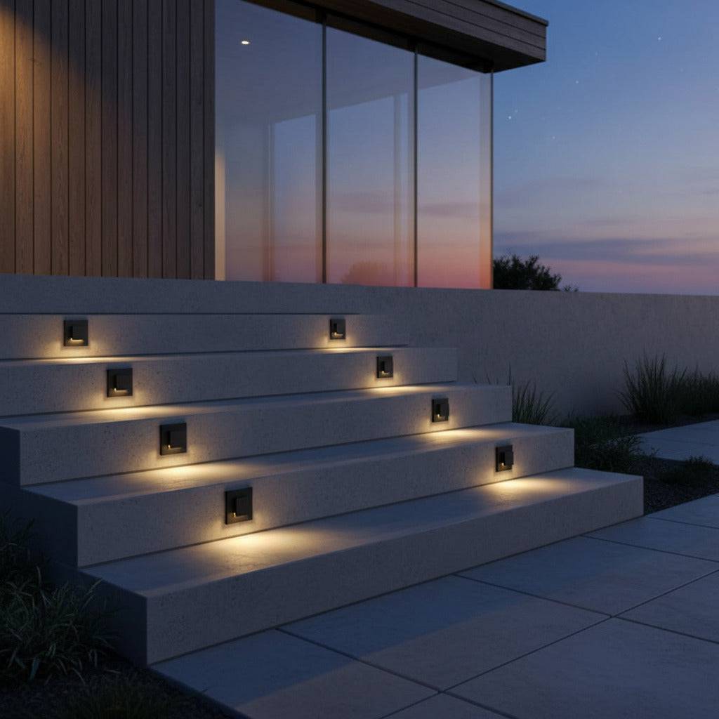 black exterior stair lighting with 2 lights per step mounted outside in the stairway of a modern house