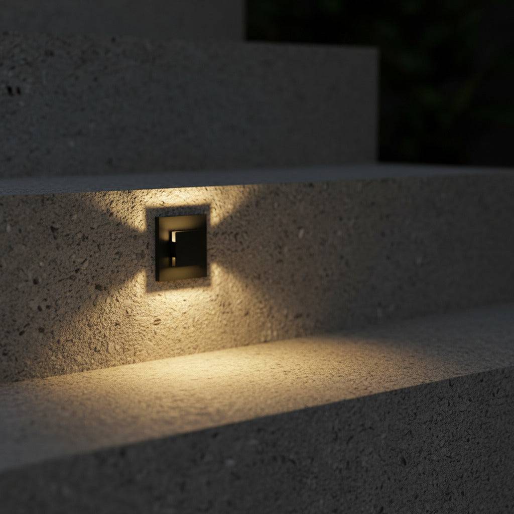 black recessed outdoor wall light mounted in a concrete step riser outdoors 