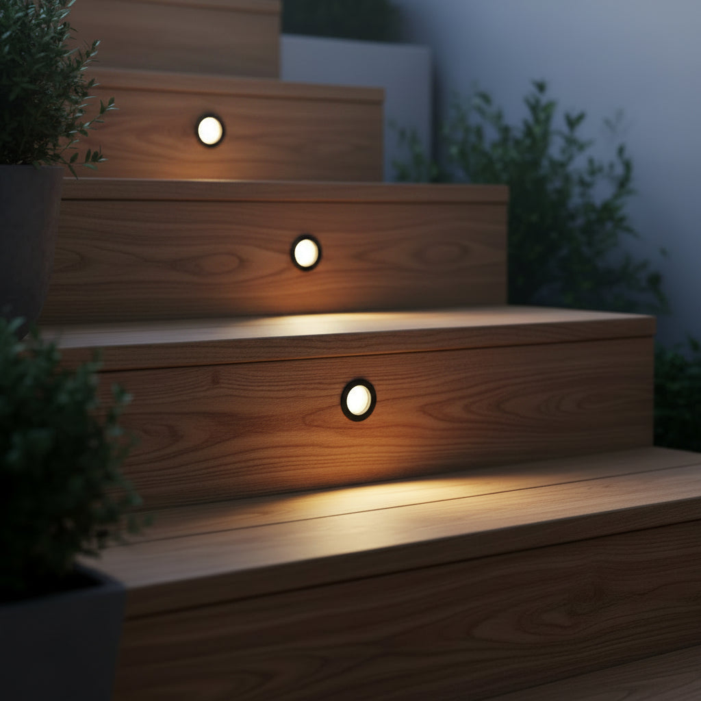 3 watt round black inset garden wall light installed on a number of wooden steps