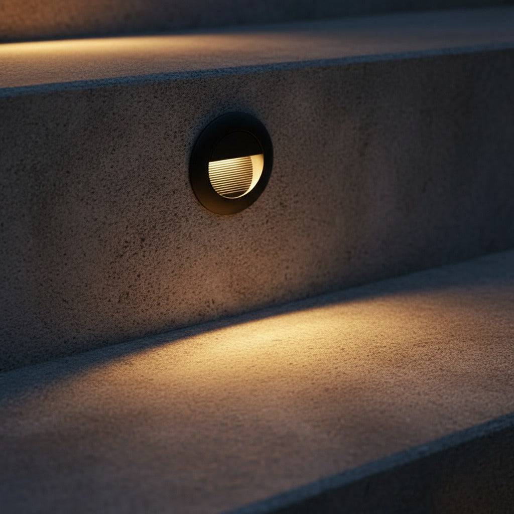 black outdoor stair light mounted in a stair riser of some exterior steps 