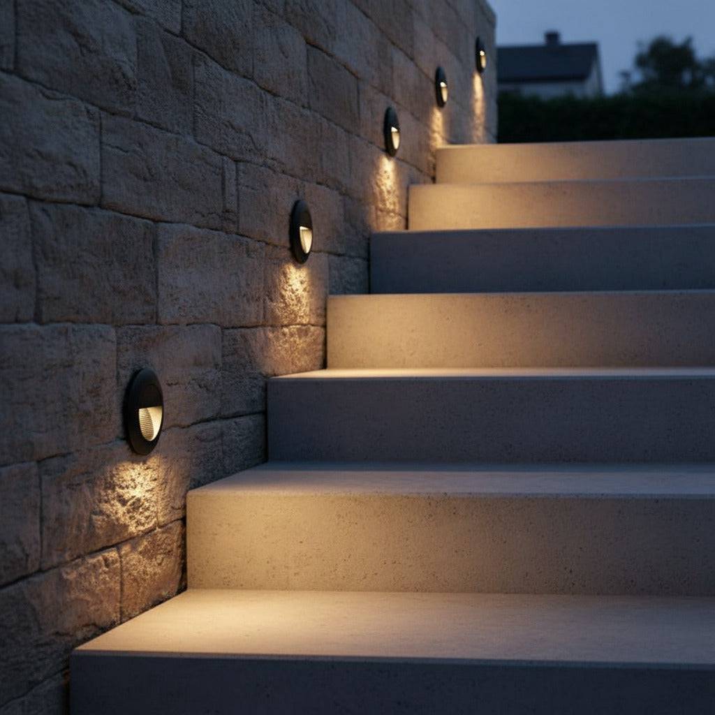 black outdoor stair light mounted on a stone wall alongside outdor steps 