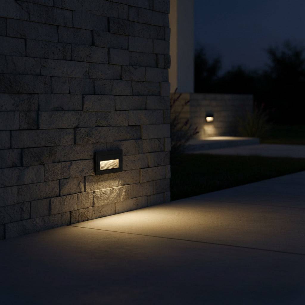 black low level wall light mounted on a stone wall outside of a modern home