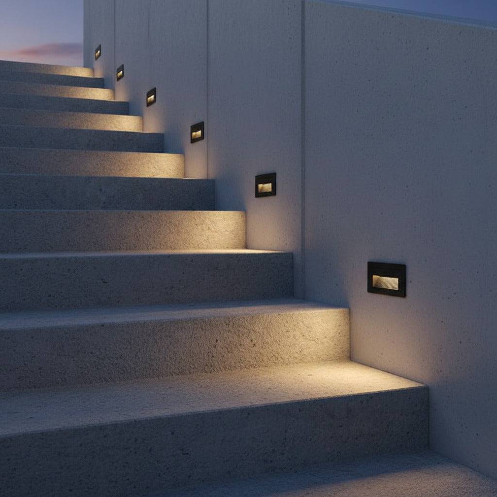 black low level wall light shown with a number of lights mounted on the wall alongside some outdoor steps