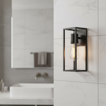 matte black bathroom wall sconce mounted in the wall in a modern bathroom