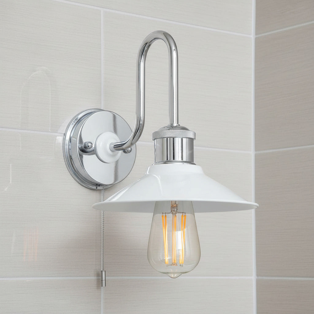 bathroom wall light with pull switch mounted on bathroom wall tiles
