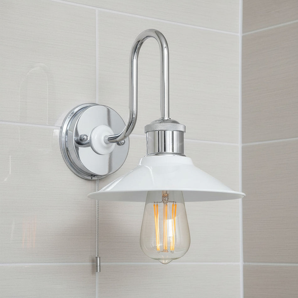 bathroom wall light with pull switch mounted on bathroom wall tiles