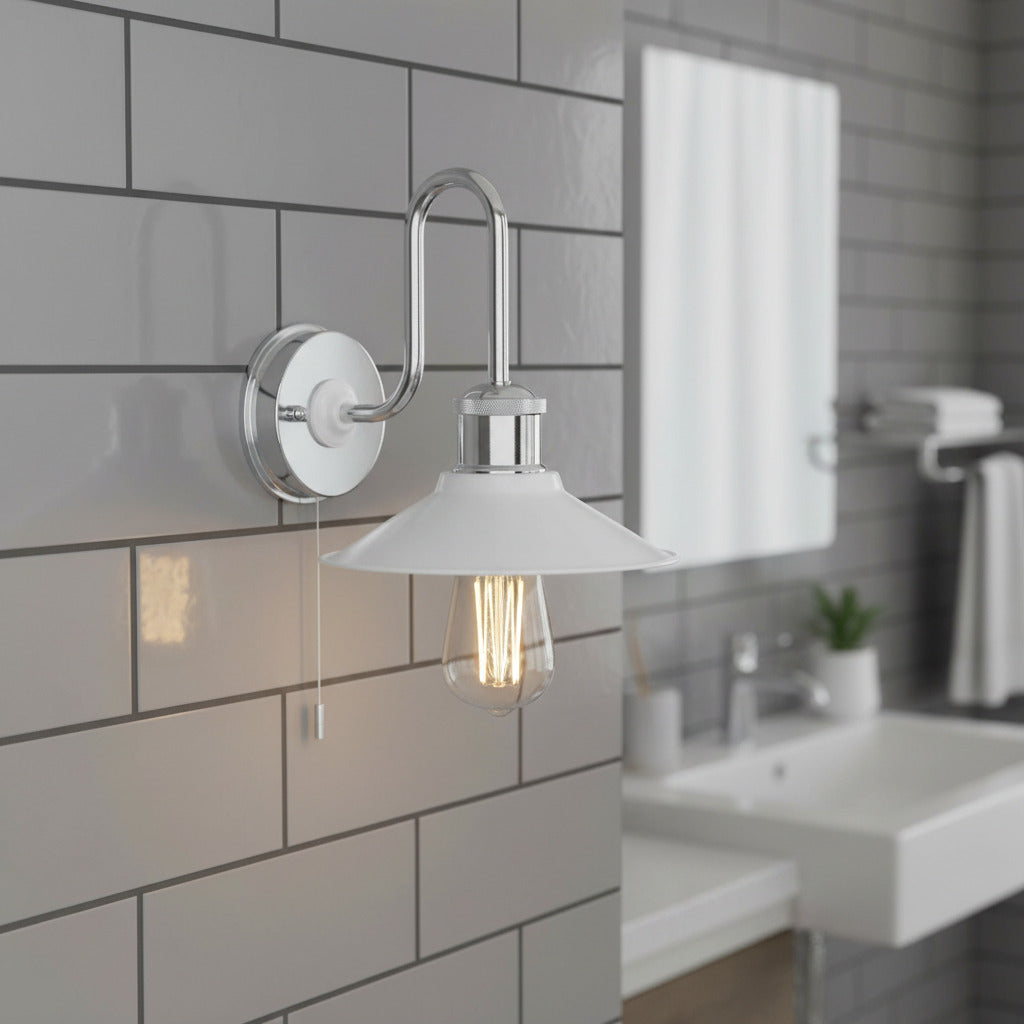 bathroom wall light with pull switch mounted on the wall in a modern bathroom
