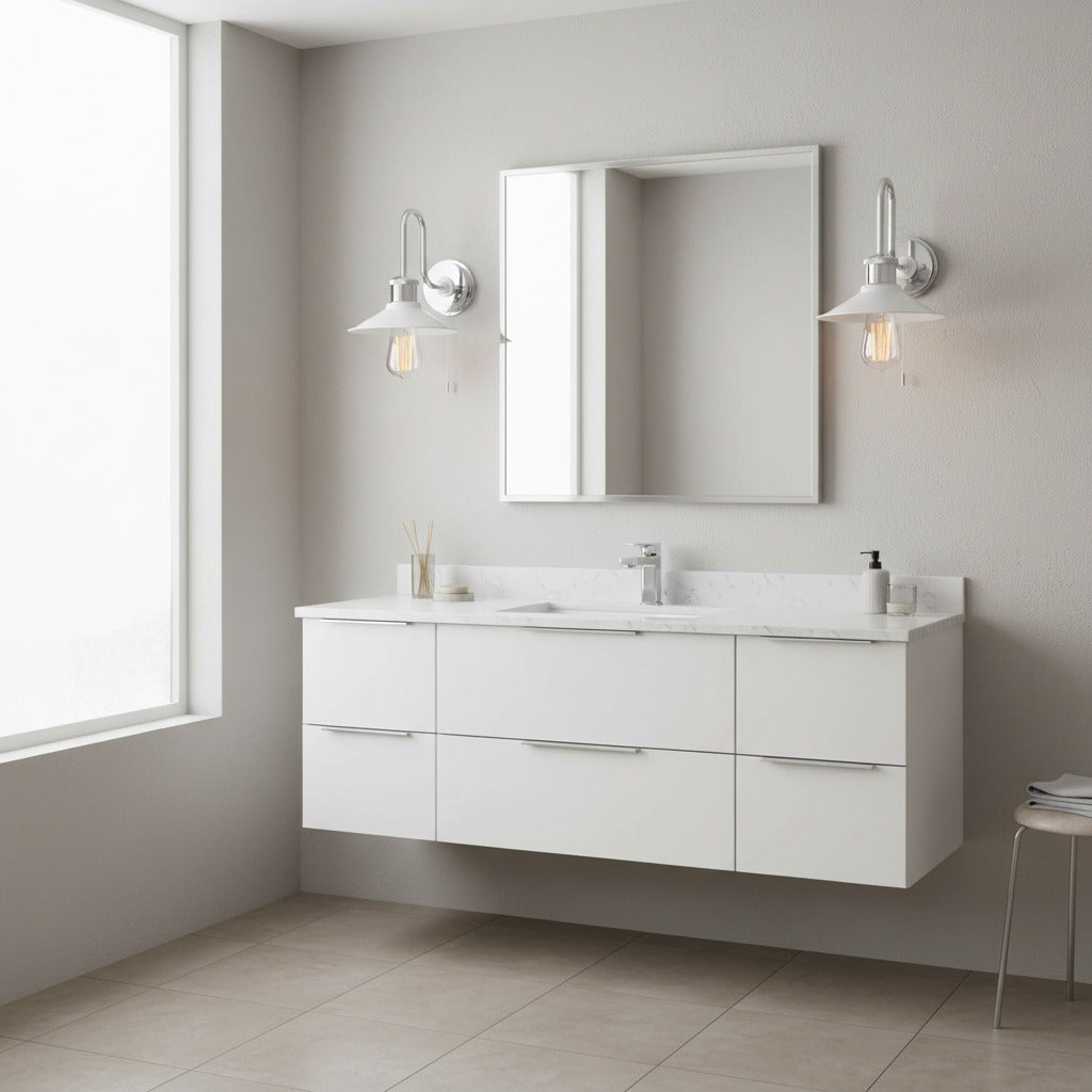 bathroom wall light with pull switch mounted either side of a bathroom mirror 
