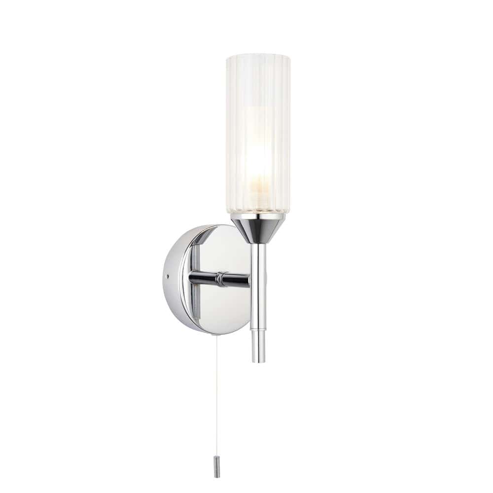 chrome bathroom wall light with pull cord on a white background