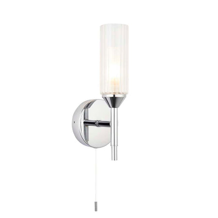 chrome bathroom wall light with pull cord on a white background