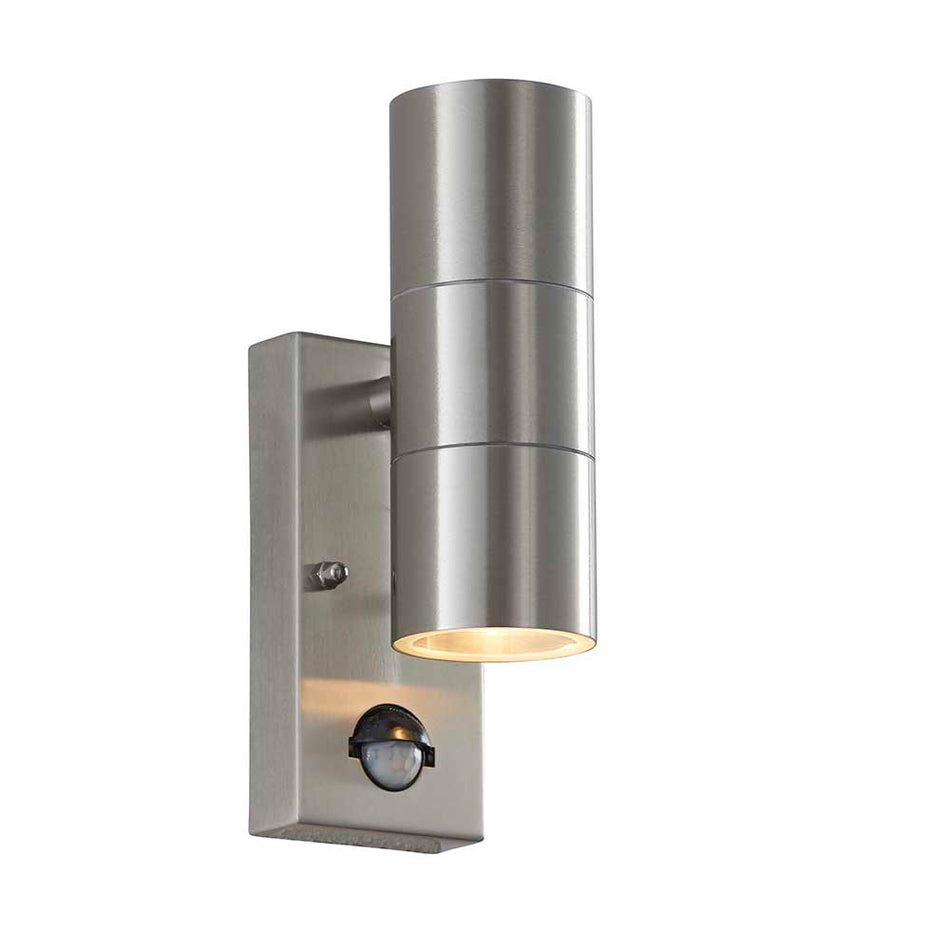 Stainless steel PIR outdoor wall light on a white background 