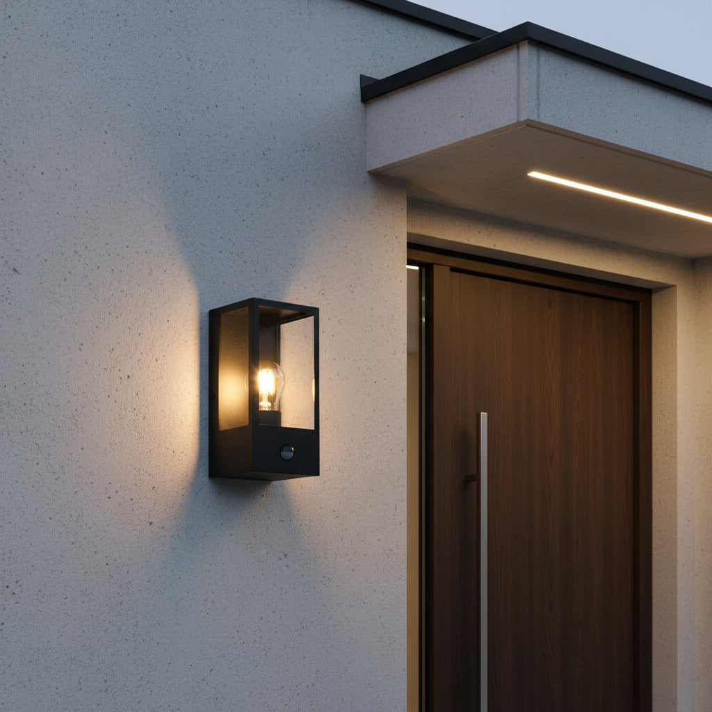 black outside sensor wall light installed next to the enntrance door of a modern house
