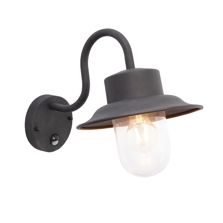 black motion sensor outdoor wall light on a white background