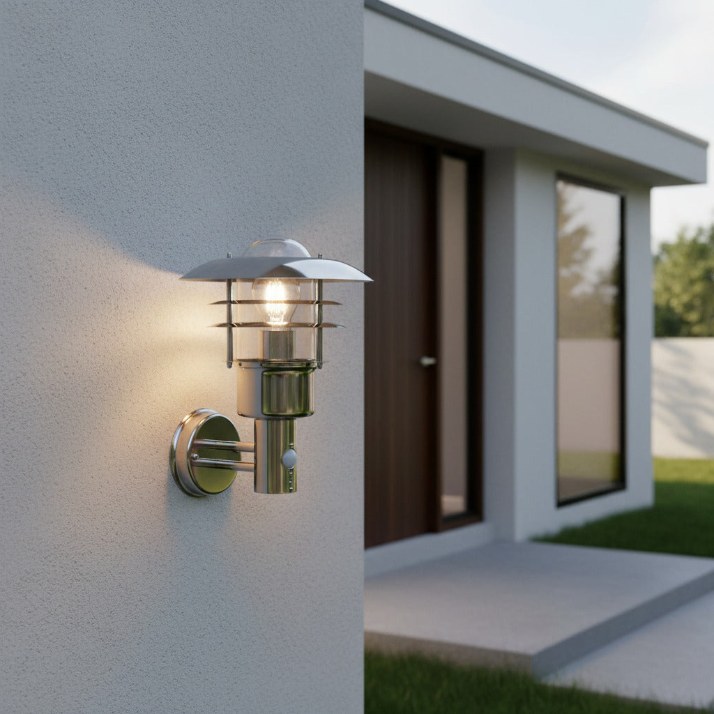 stainless steel external wall light with PIR sensor mounted on the wall next to the front door of a home