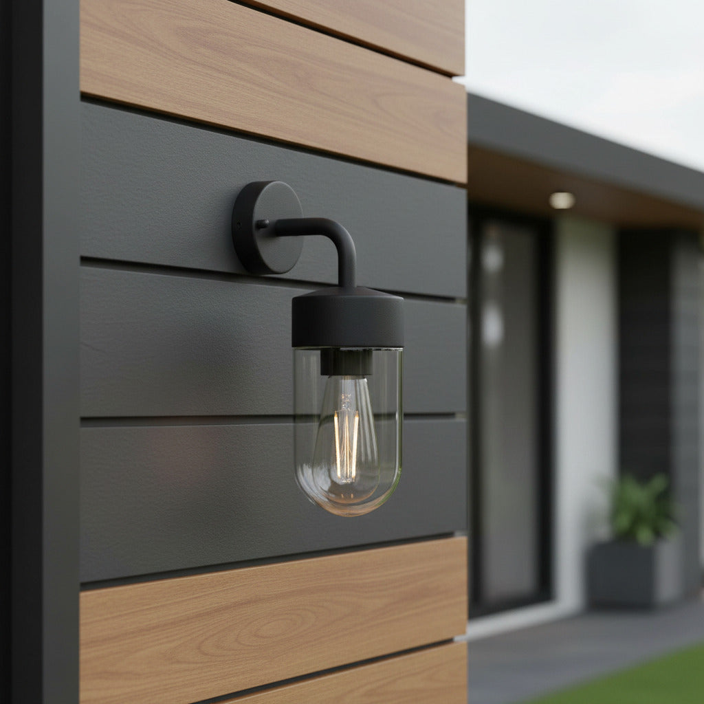 black lantern outside light mounted on a wooden wall outside a home