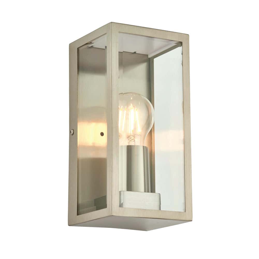 stainless steel outdoor wall sconce light on a white background 