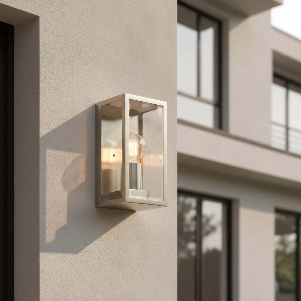 stainless steel outdoor wall sconce light mounted on the wall of a modern home 
