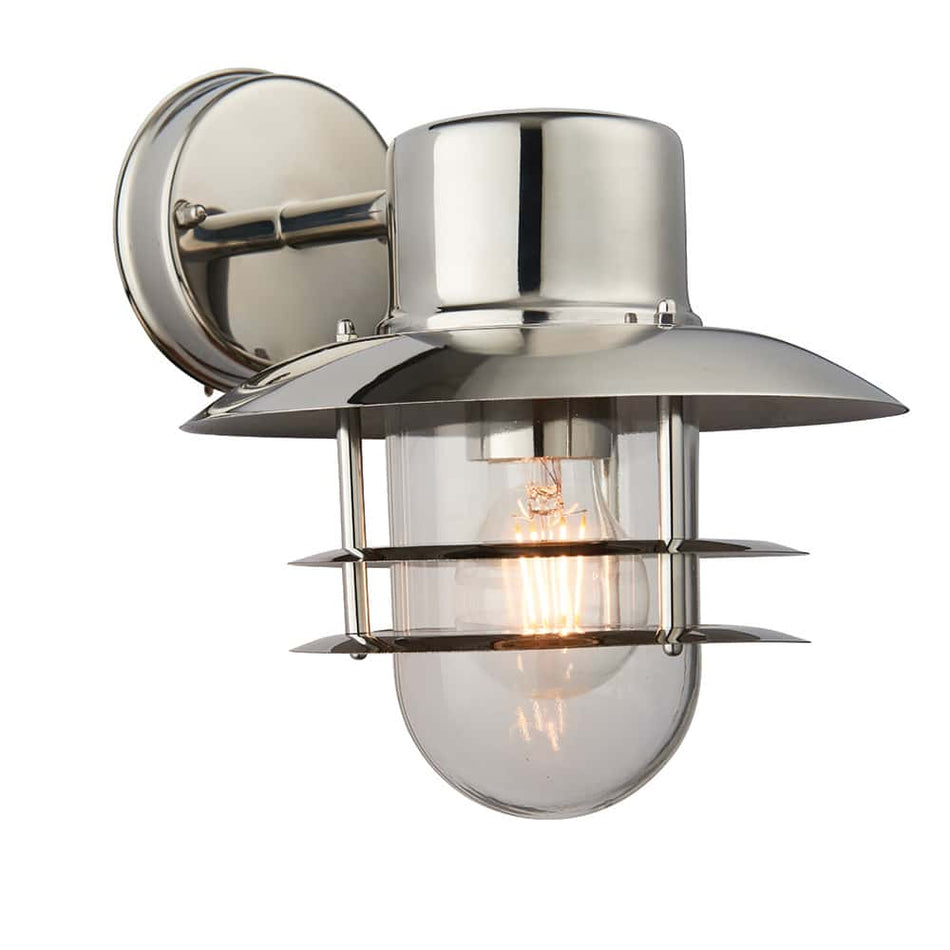 stainless steel exterior lantern sconce on a white background