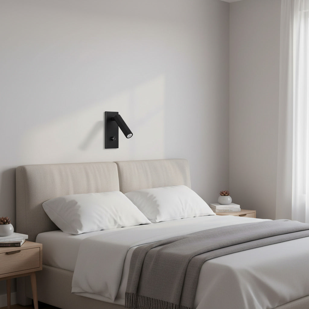 black dimmable reading lamp mounted over the bed in a modern bedroom 