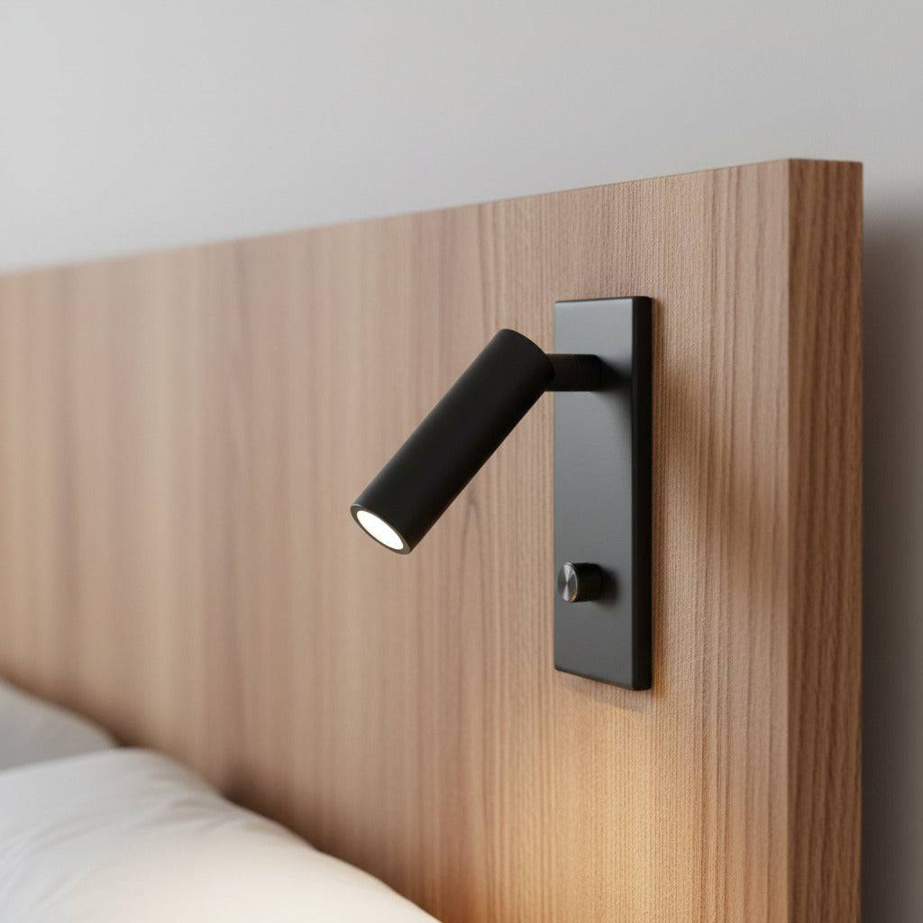 Black recessed dimmable reading light mounted in a wooden bed headboard 
