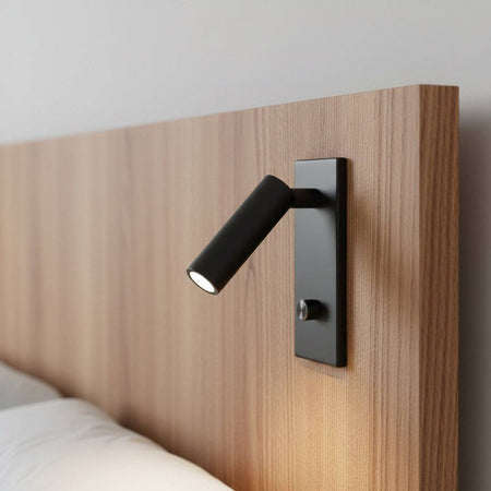 Black recessed dimmable reading light mounted in a wooden bed headboard 