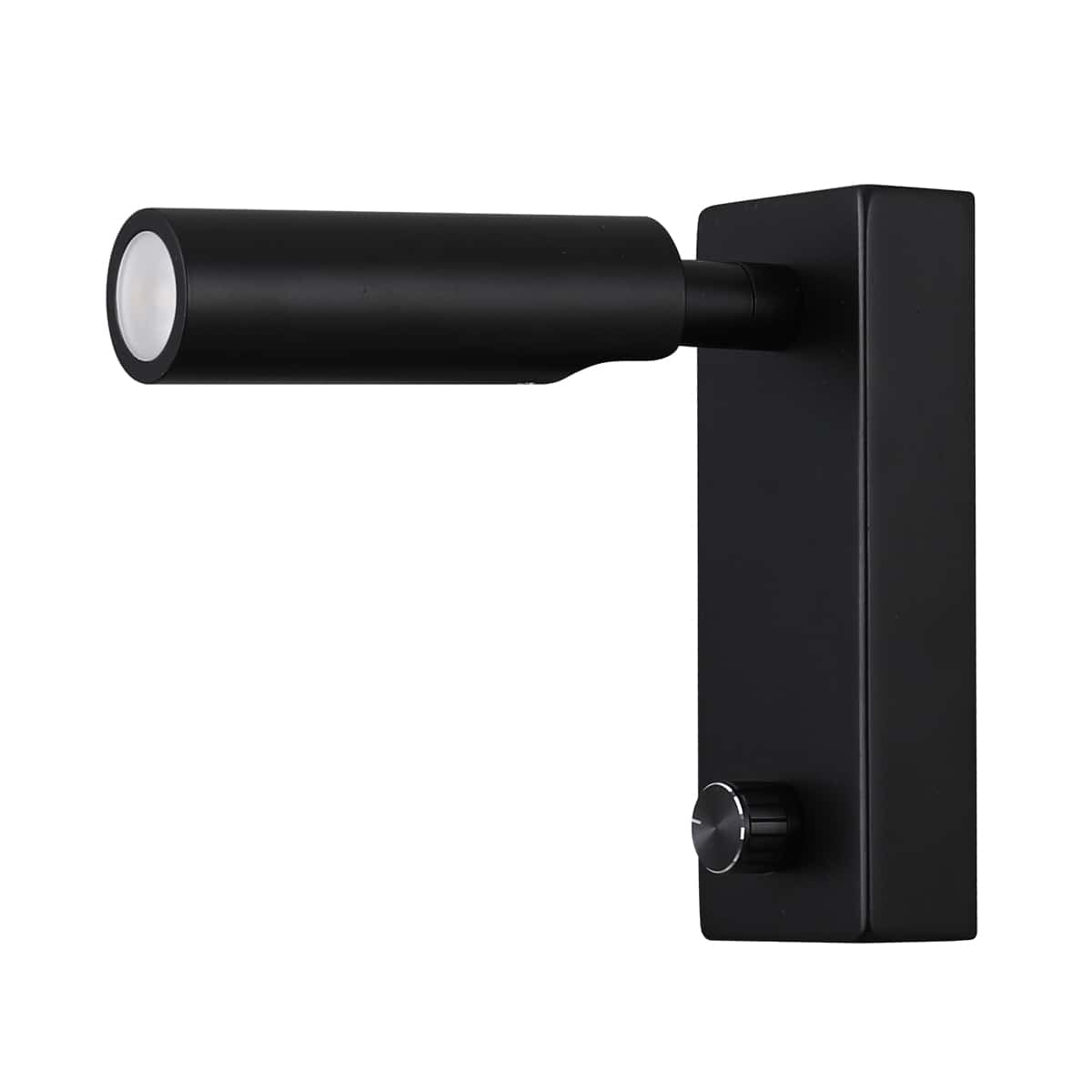 black dimmable bedside reading lamp with arm fully extended on a white background
