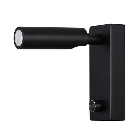 black dimmable bedside reading lamp with arm fully extended on a white background