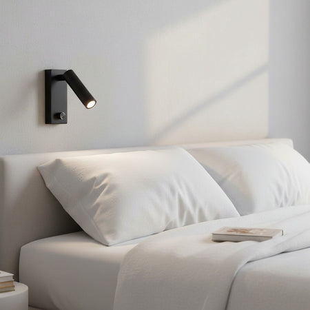 black dimmable bedside reading lamp mounted over the bed in a modern bedroom