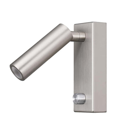 brushed nickel dimmable wall mounted reading light on a white back ground