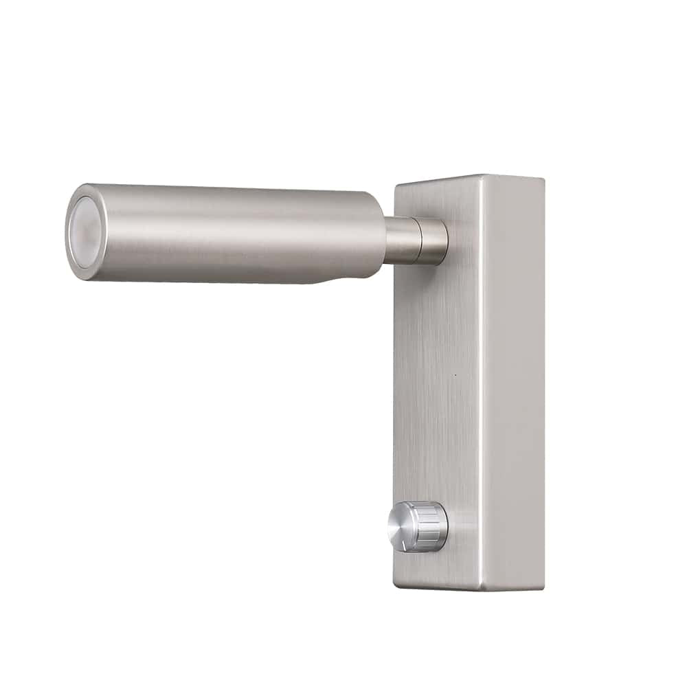 brushed nickel dimmable wall mounted reading light with arm extended on a white background