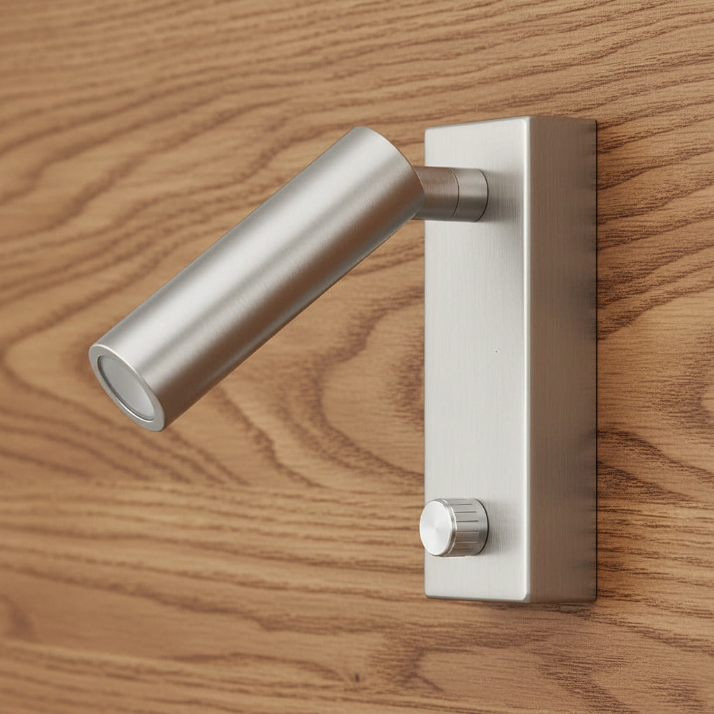 brushed nickel dimmable wall mounted reading light mounted on a wooden bed headboard