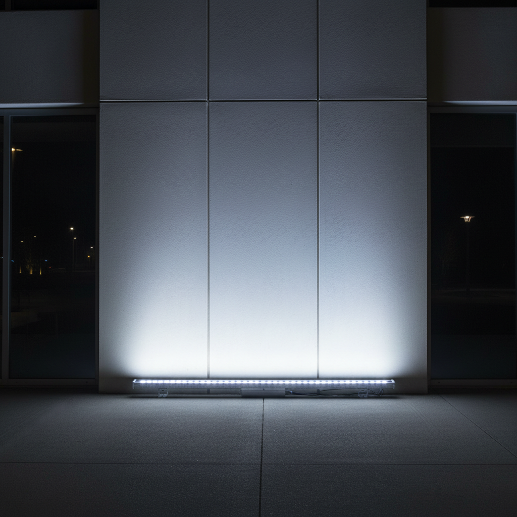 cool white exterior wall wash lighting shining up the outside of a commercial building