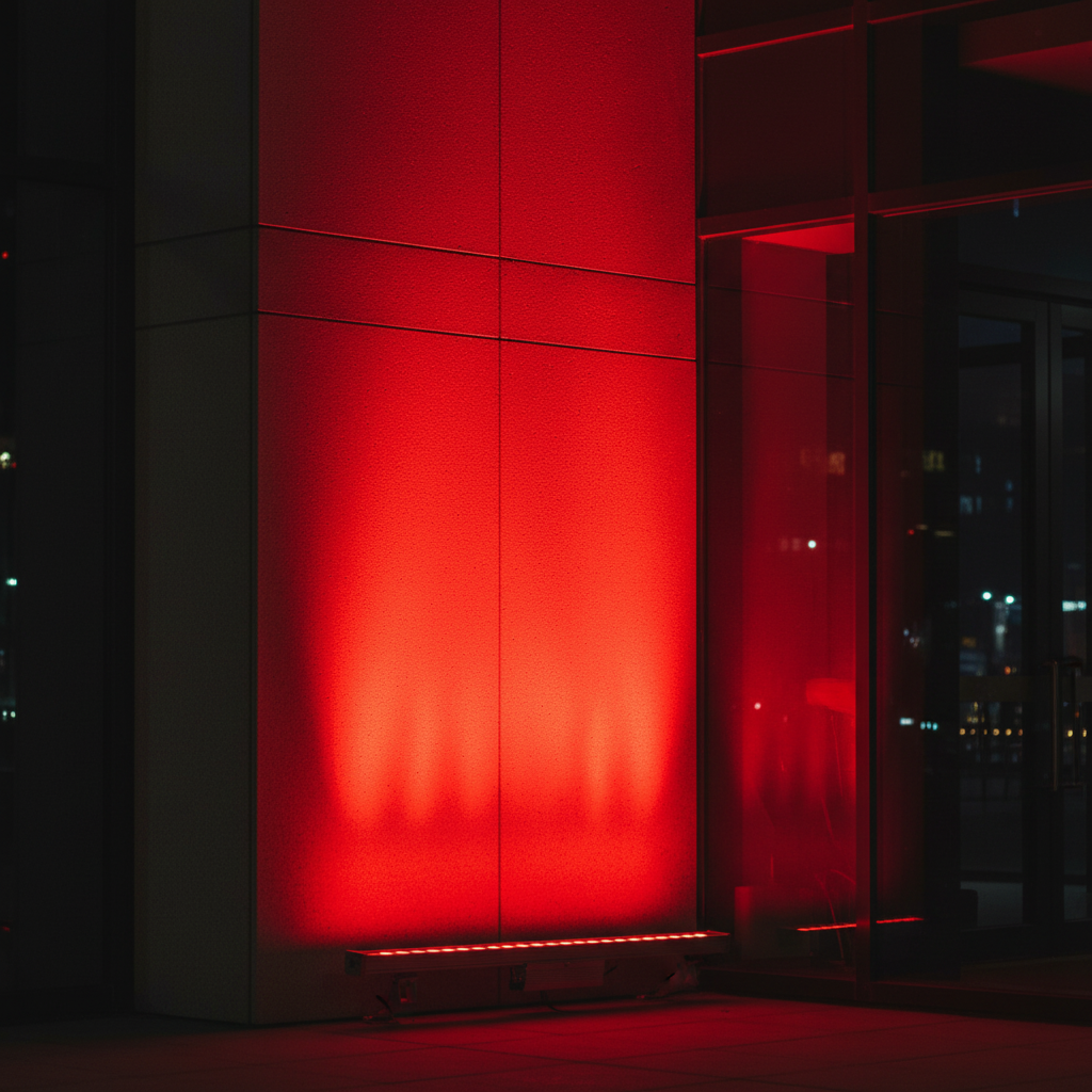 red linear wall grazer lighting up the outside of an office building 