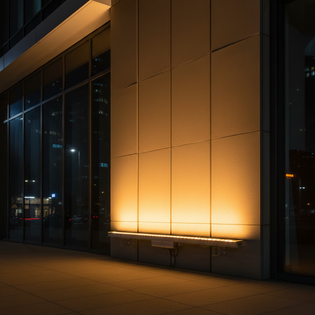warm white linear LED wall washer light shining up the side of a building