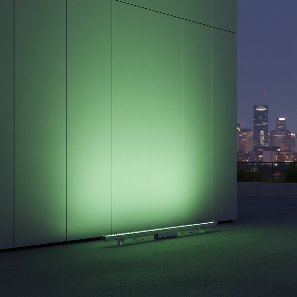 green led wall washer light bar lighting up the side of a building