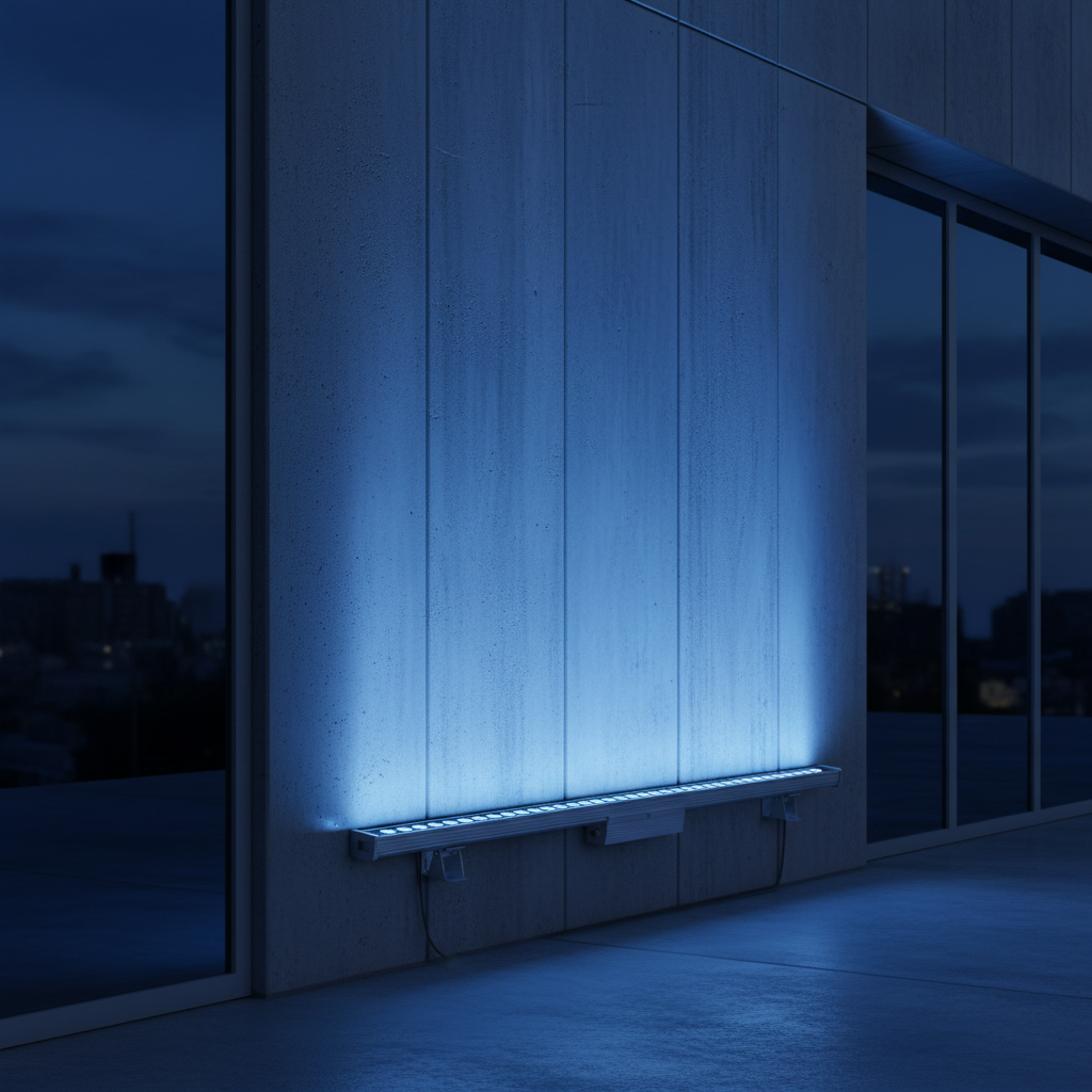 blue wall wash light bar illuminating the wall of a commercial building
