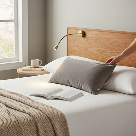 Ultra Beam Lighting Ltd Antico antique brass flexible LED bedside reading light mounted on a wooden headboard