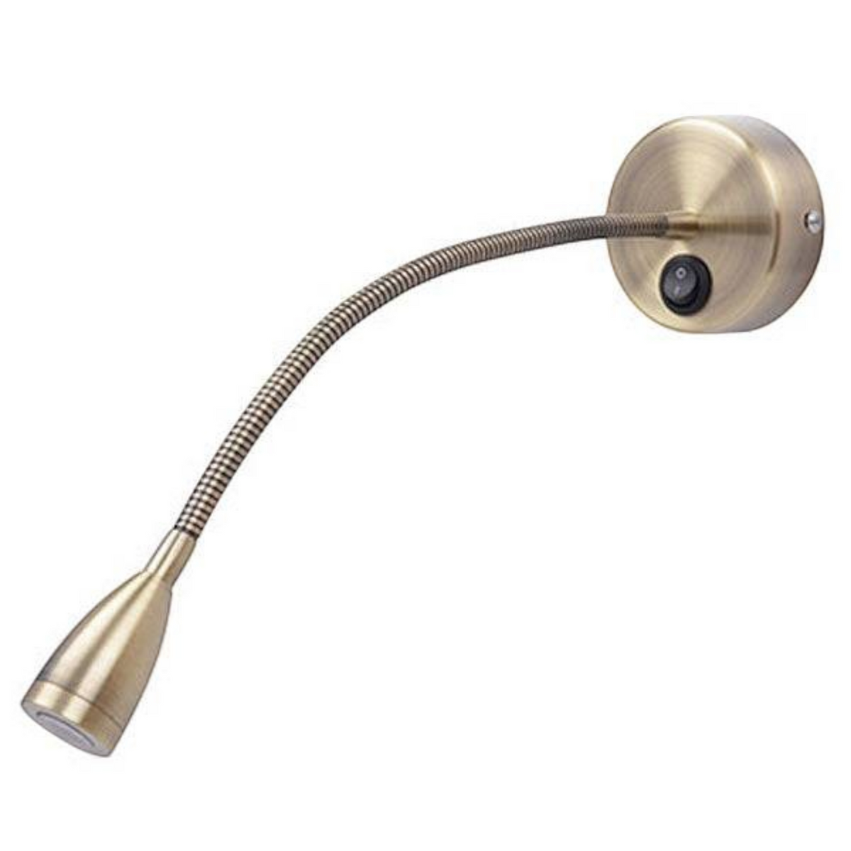 antique finish flexible bedside reading light shown on a white background