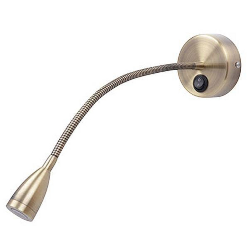 antique finish flexible bedside reading light shown on a white background