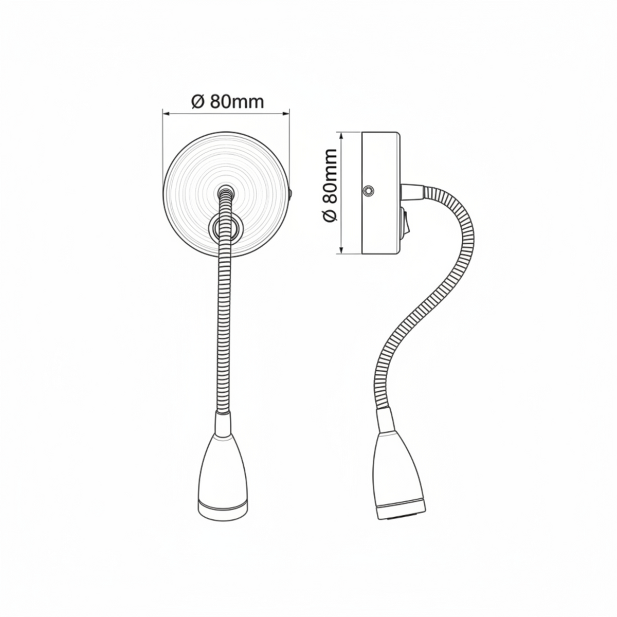 Ultra Beam Lighting Ltd Antico flexible bedside reading light technical line drawing with dimensions