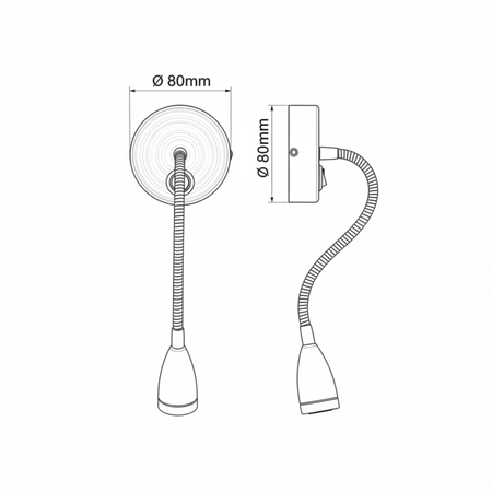 Ultra Beam Lighting Ltd Antico flexible bedside reading light technical line drawing with dimensions
